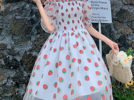 Chiffon Strawberry Puff Sleeve Dress Sale